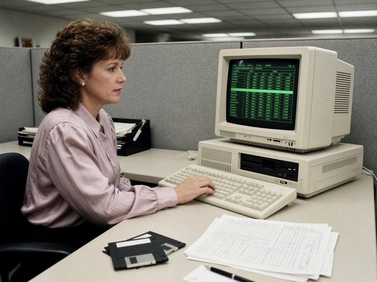 1980s office worker at a CRT spreadsheet.