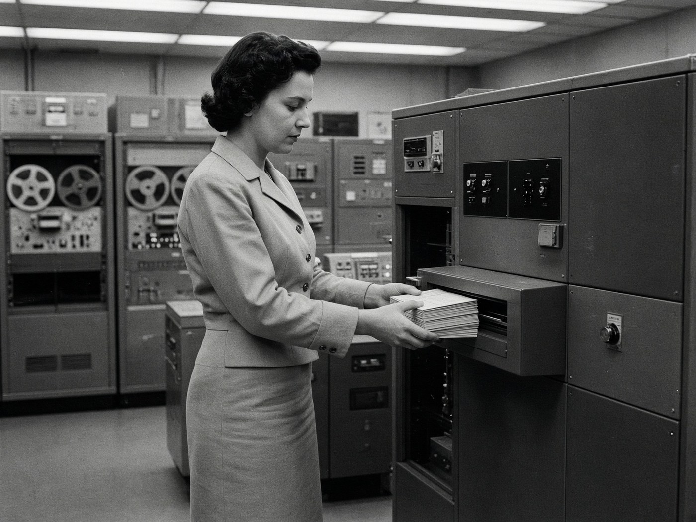 1950s operator feeding punch cards into a room-sized computer.